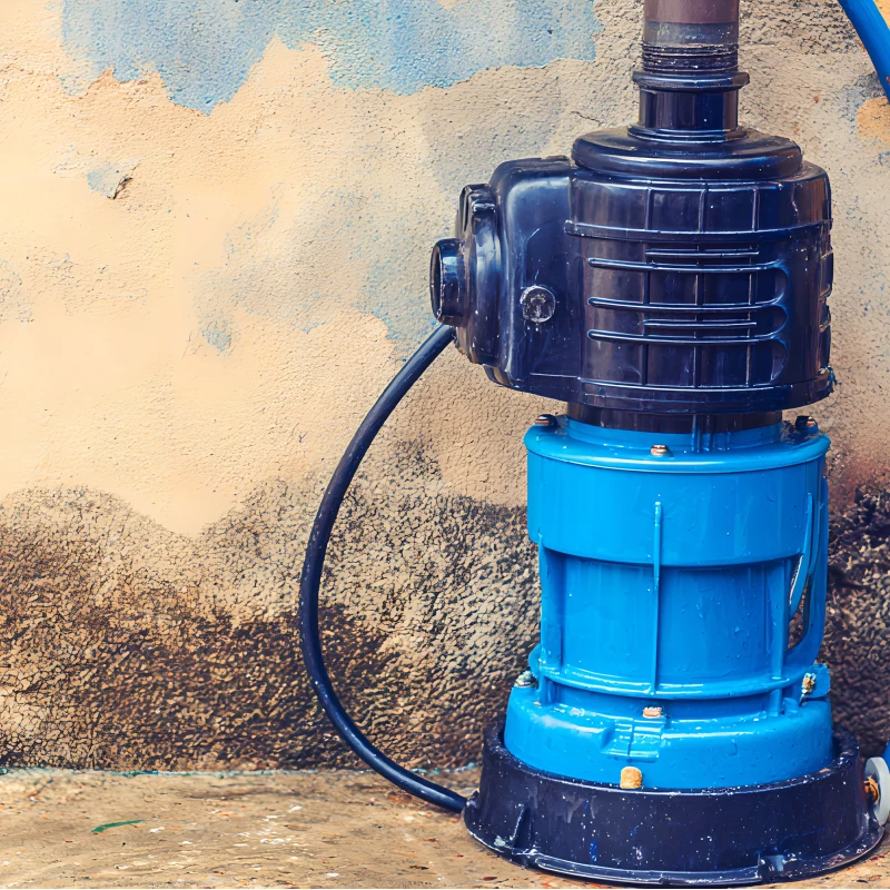 A blue and black water pump sitting on a concrete floor
